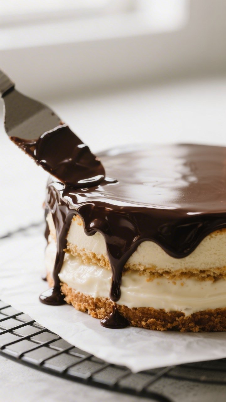Close-up detail shot of the Boston cream pie being glazed: the assembled two-layer vanilla sponge wi