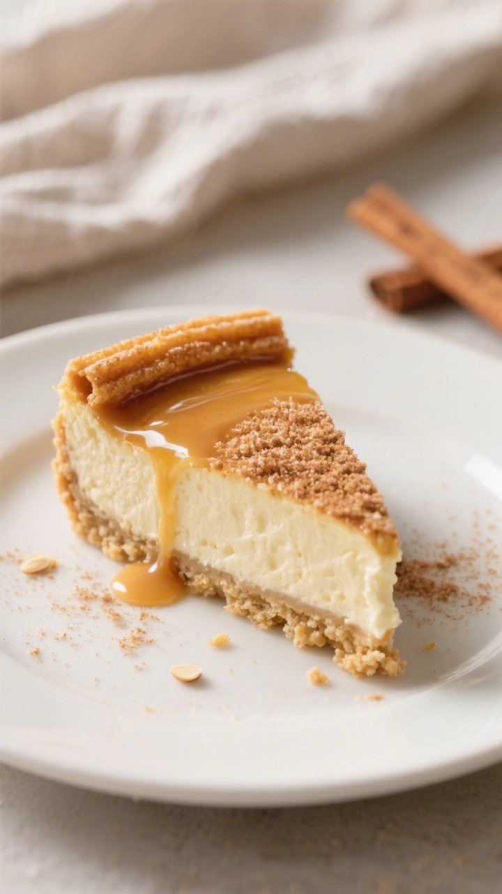 Close-up, final plated slice of keto churro cheesecake on a matte white dessert plate, showcasing th