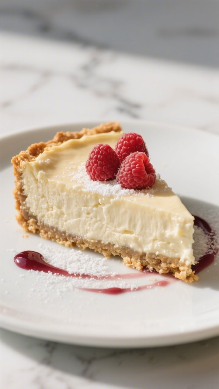 Close-up, final plated slice of Keto “Crack” Cheesecake on a matte white dessert plate: dense, u