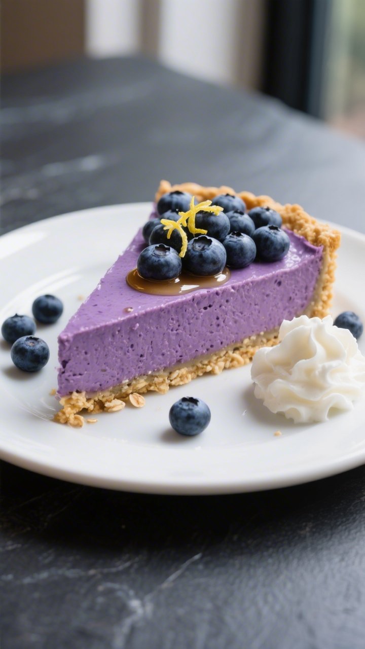 Close-up final presentation of a neatly sliced wedge of No-Bake Blueberry Protein Pie on a matte whi