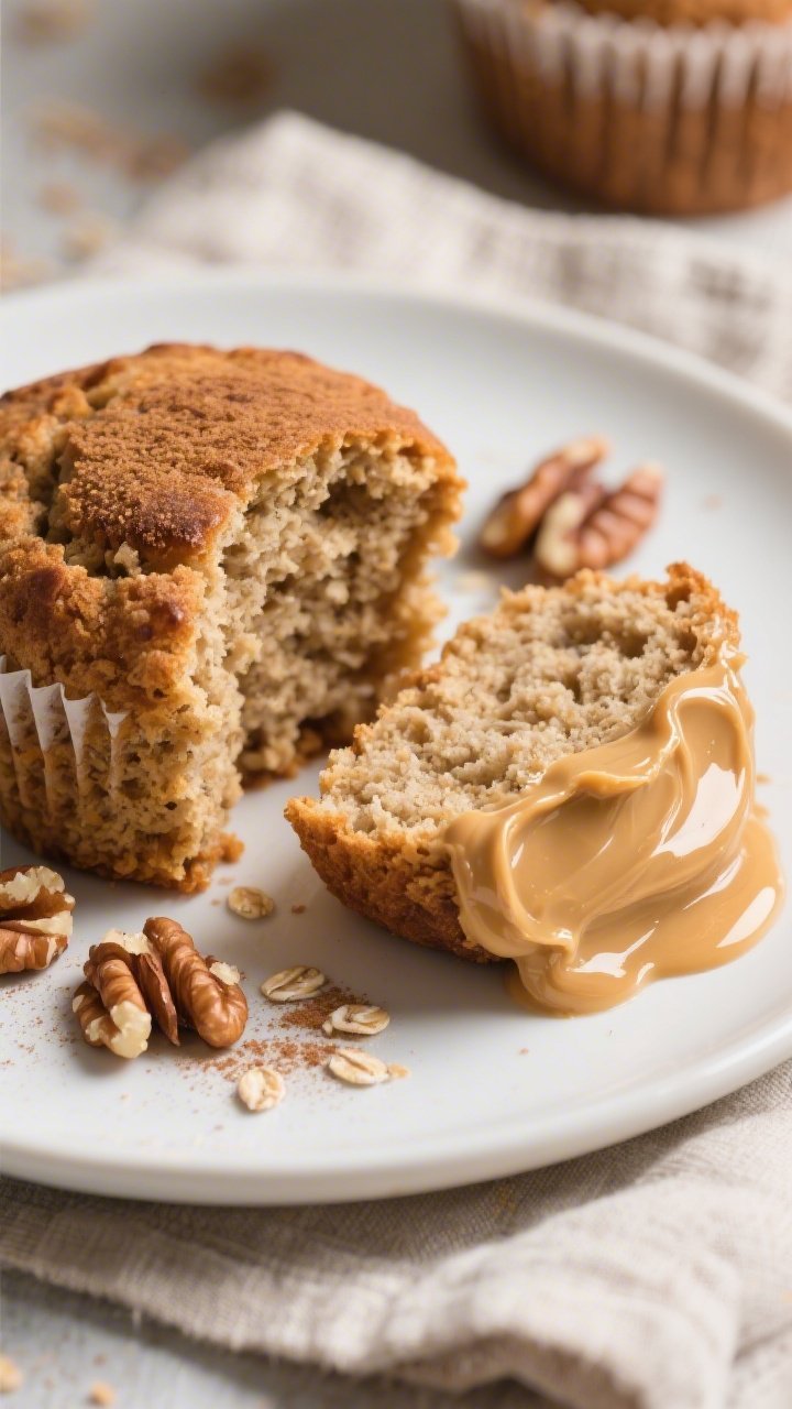 Close-up final presentation of a plated cinnamon protein muffin sliced in half and smeared with almo