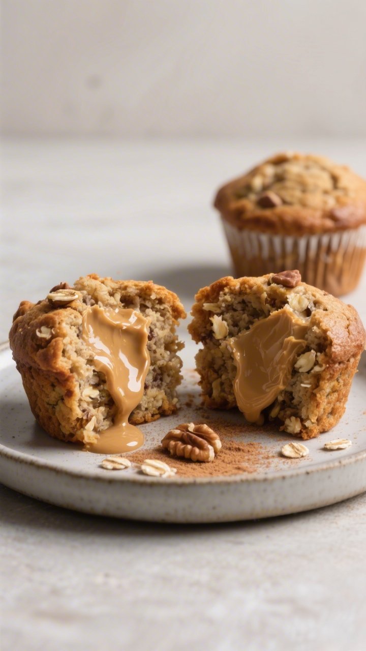 Close-up final presentation of two banana bread protein muffins split open on a matte ceramic plate,