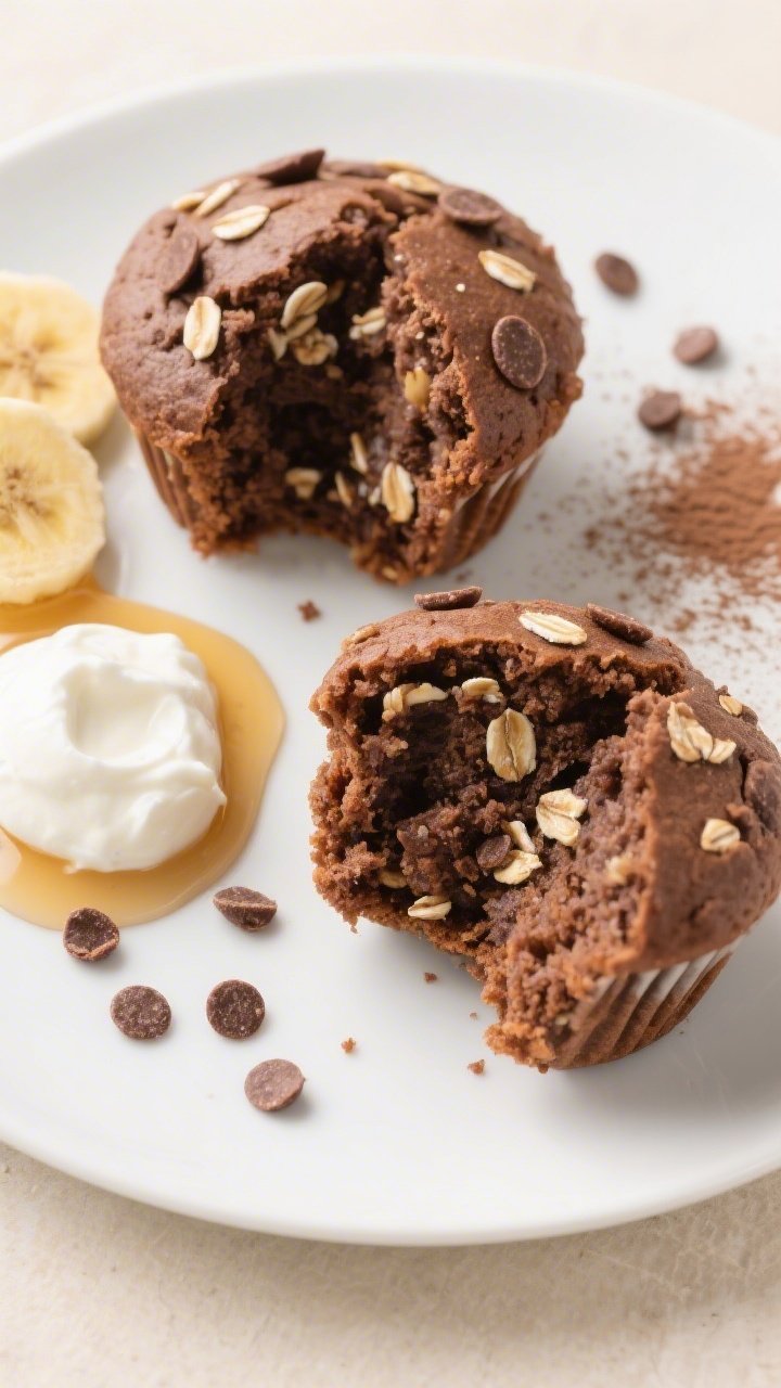 Close-up, final presentation of two chocolate protein muffins split open on a matte white plate, sho