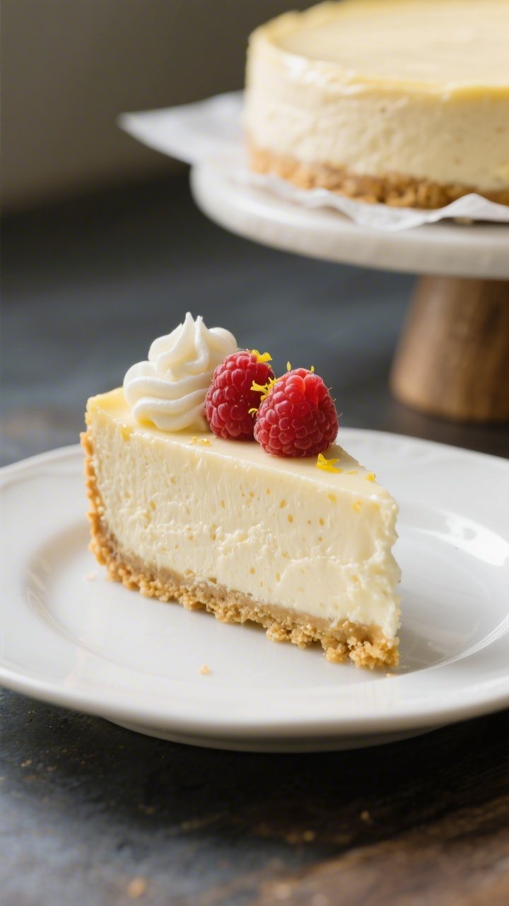 Close-up final slice of Keto Million Dollar Cheesecake on a white coupe plate, silky interior with t
