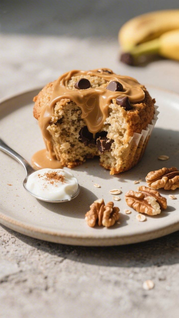 Close-up of a plated banana oat protein muffin split open and drizzled with warm peanut butter, show