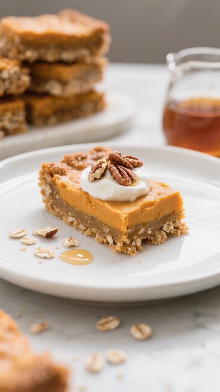 Close-up, of a single sliced Healthy Pumpkin Pie Bar on a matte white plate, showcasing creamy, cust
