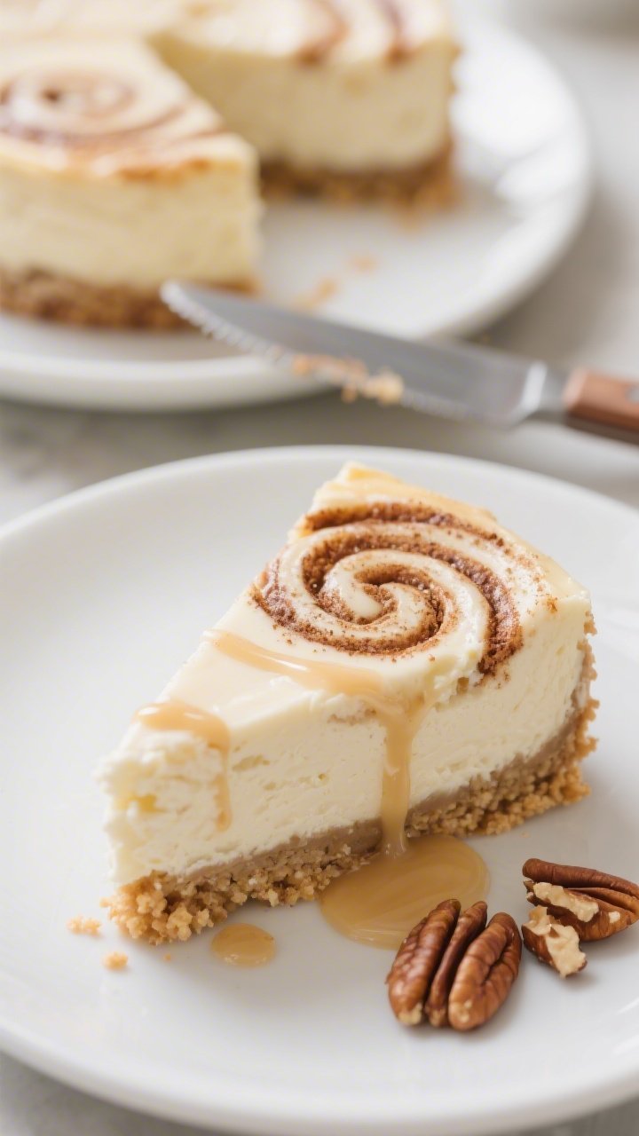 Close-up plated slice of Keto Cinnamon Roll Cheesecake on a matte white dessert plate, showing disti