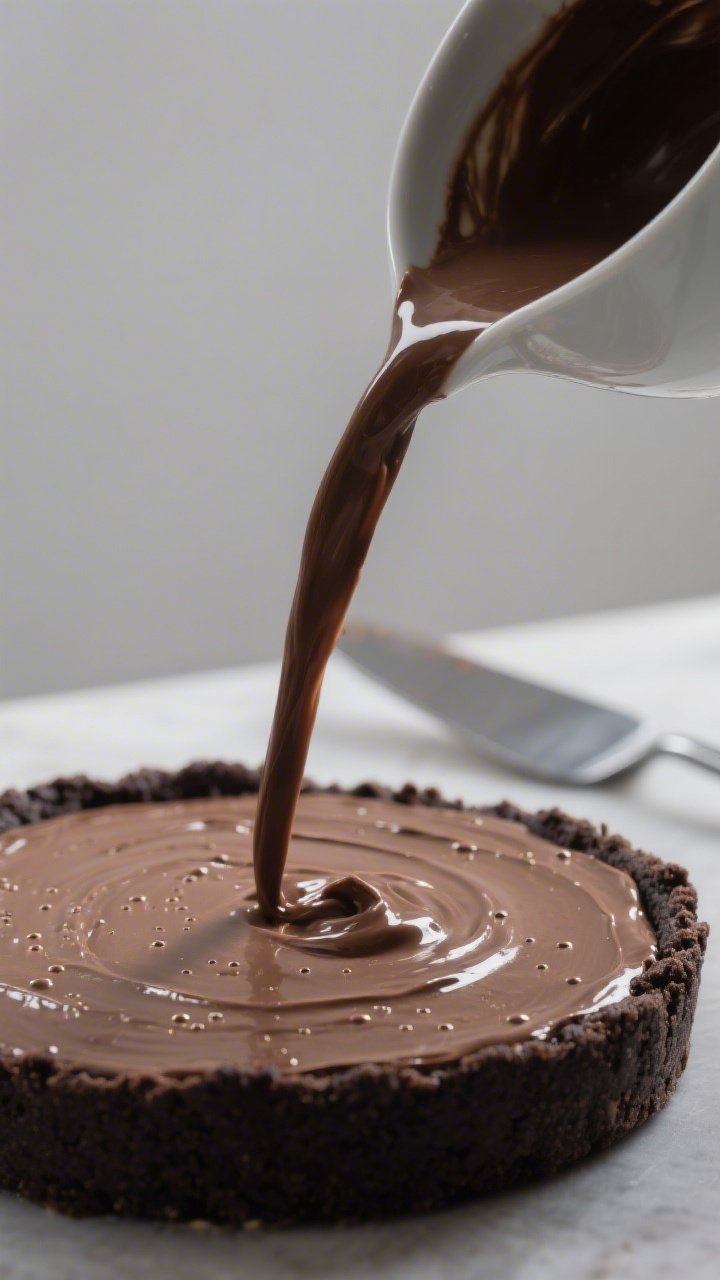 Close-up process detail of the creamy filling being poured into the chilled crust: a glossy ribbon o