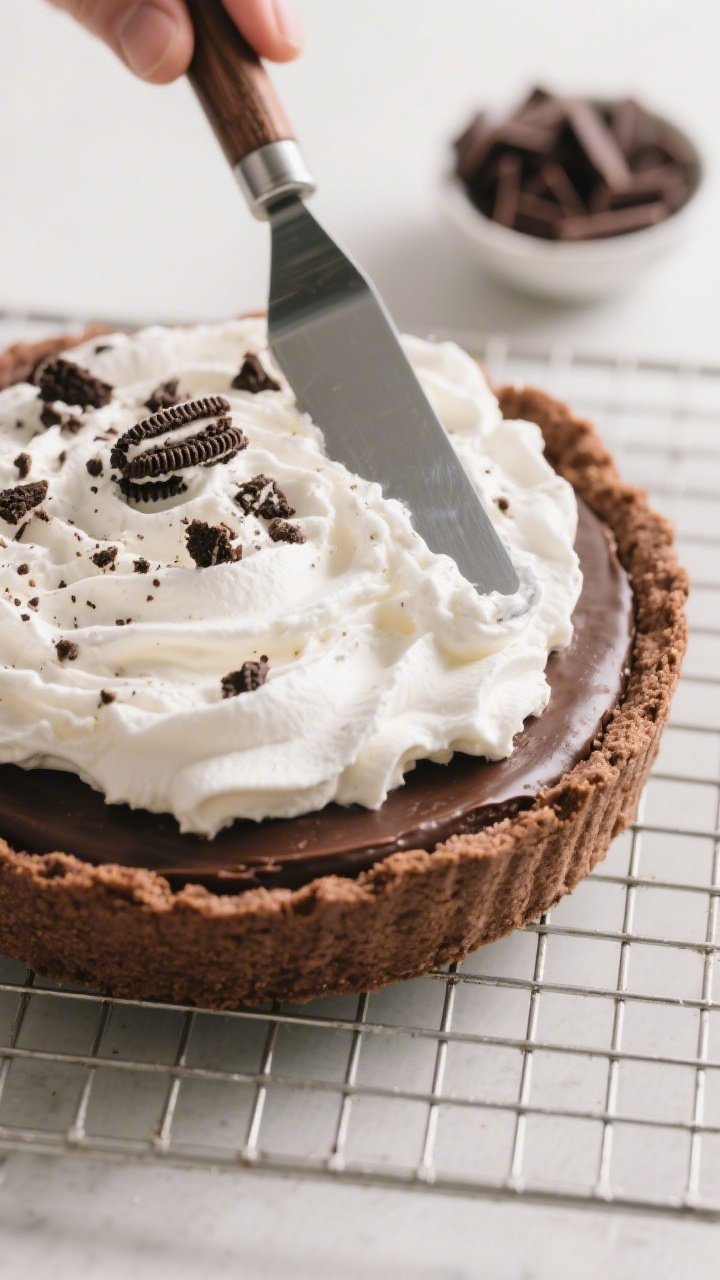 Close-up process detail: the fluffy filling being smoothed into the chilled chocolate wafer crust wi