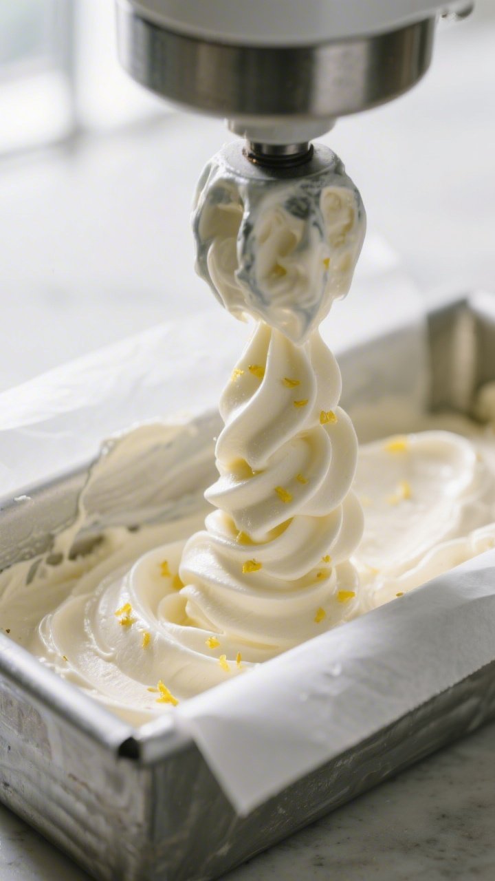 Close-up process shot: Churned keto cheesecake gelato at soft-serve stage ribboning off the ice crea