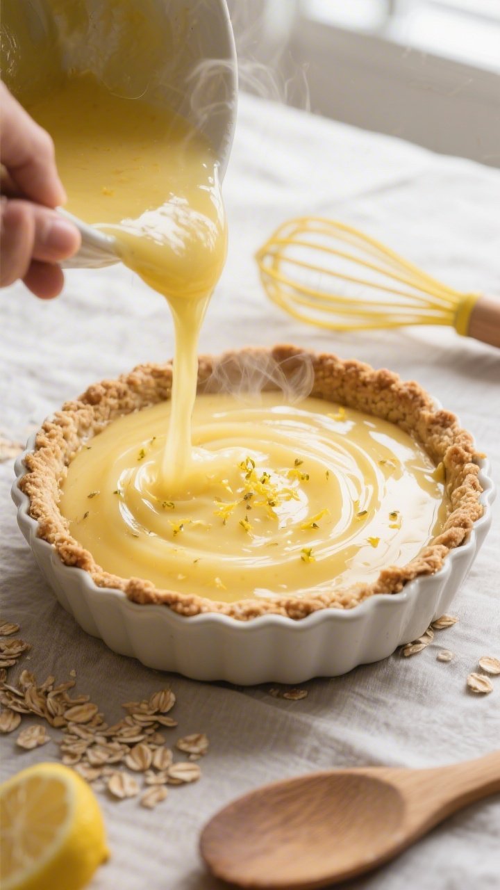 Close-up process shot: Hot lemon filling being poured into a warm, pre-baked almond–oat crust, cap
