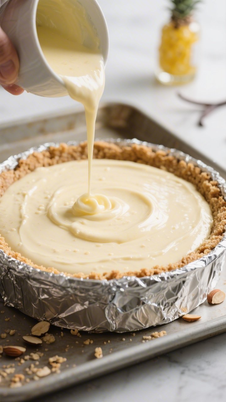 Close-up process shot: Low-carb almond crust in a 9-inch springform pan just out of the oven, lightl