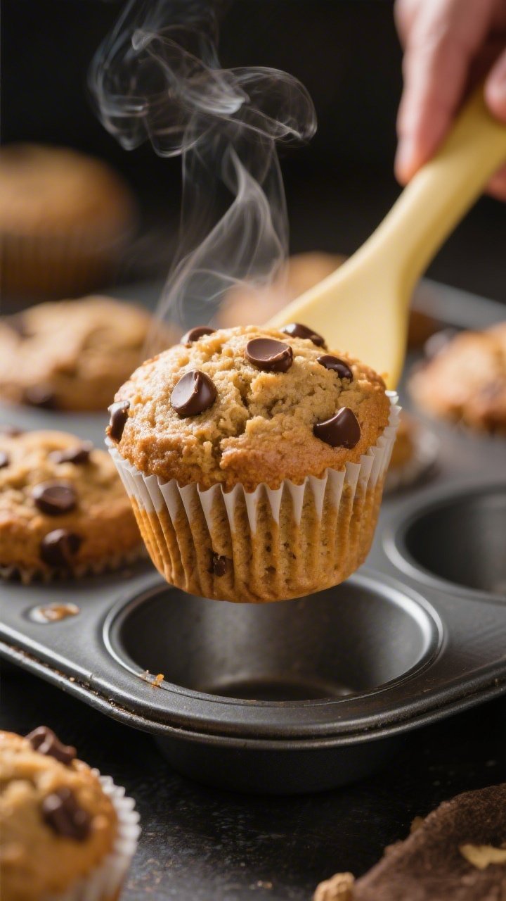 Close-up process shot of a just-baked peanut butter–banana protein muffin being lifted from the ti