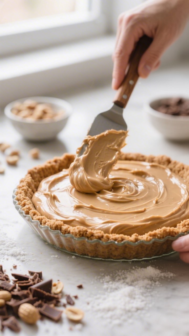 Close-up process shot: Smooth, silky peanut butter protein filling being spread into a pre-chilled g