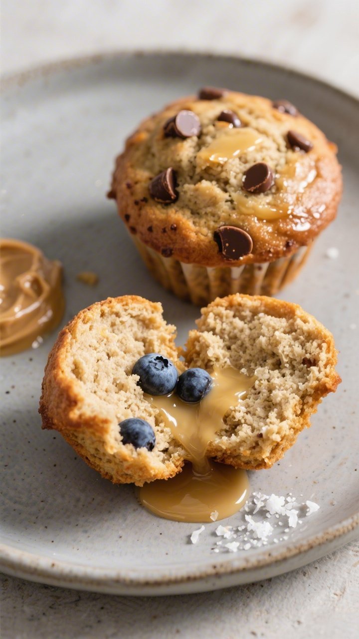 Close-up, restaurant-quality plated presentation of two keto protein muffins split open to reveal a 