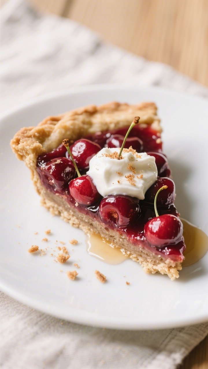 Close-up slice of Healthy Cherry Pie plated on a matte white dessert plate, clean-edged slice showin