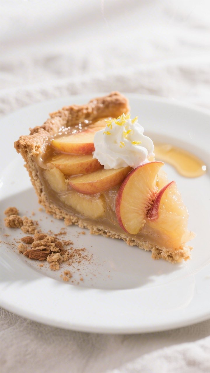 Close-up slice of healthy peach pie plated for serving: thick, sliceable peach layers set with arrow