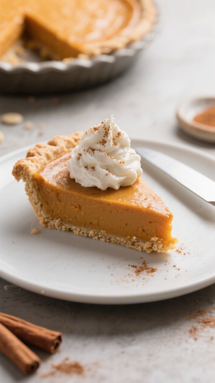 Close-up slice of keto pumpkin pie plated on a matte white dessert plate, topped with a generous swo