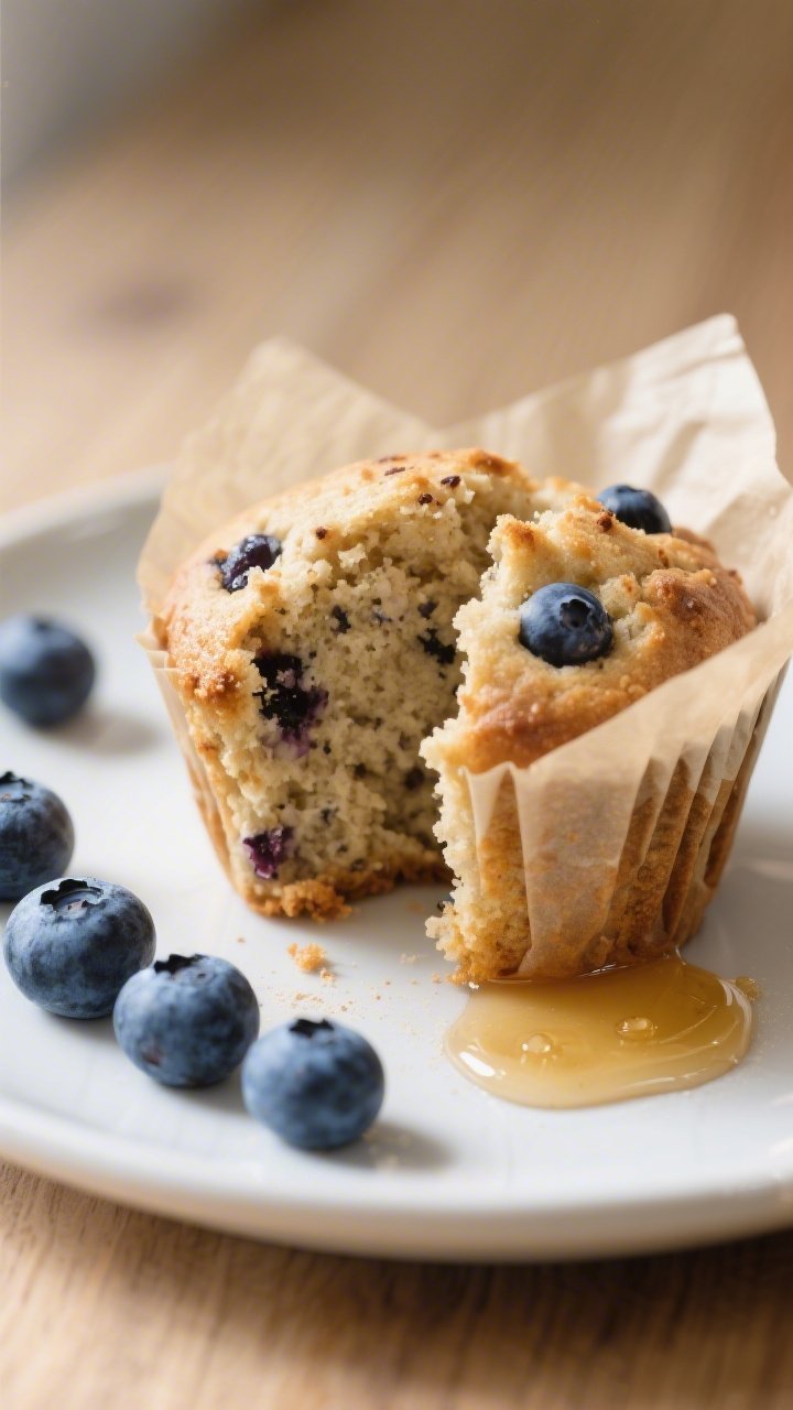 Close-up, three-quarter angle hero shot of a plated protein powder blueberry muffin split open to re