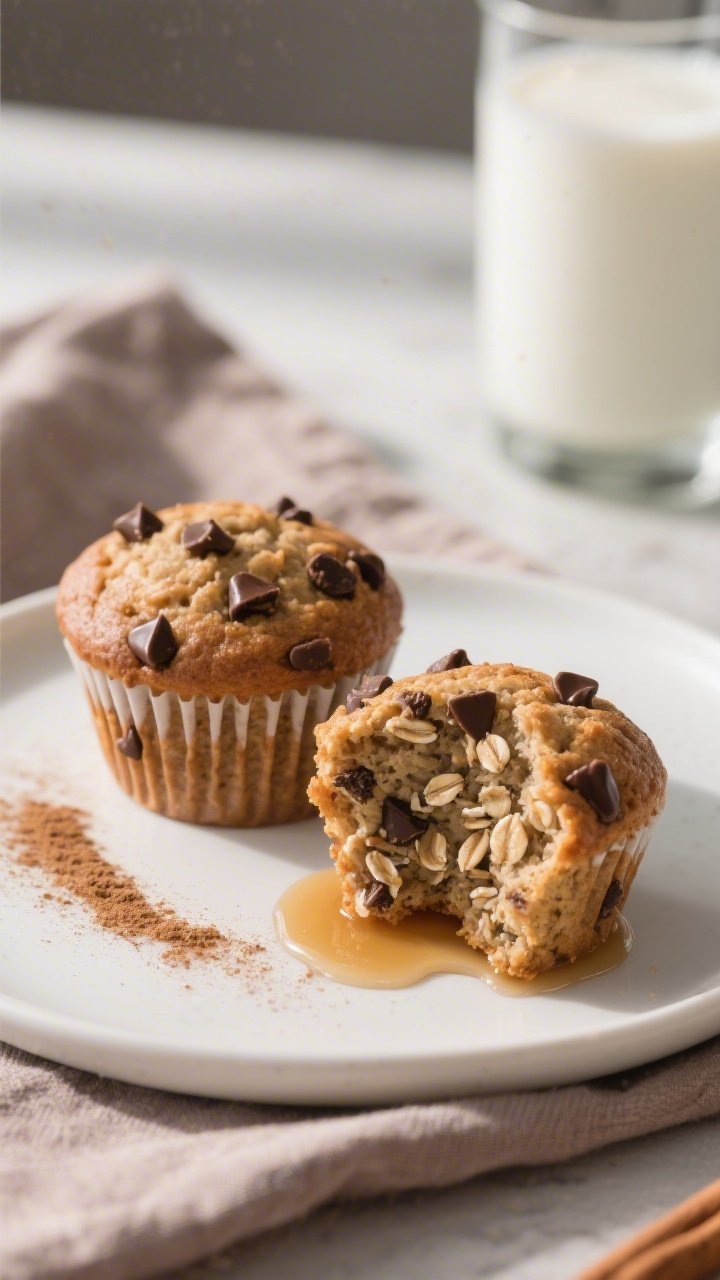Close-up, three-quarter angle hero shot of two chocolate chip protein muffins on a matte white plate