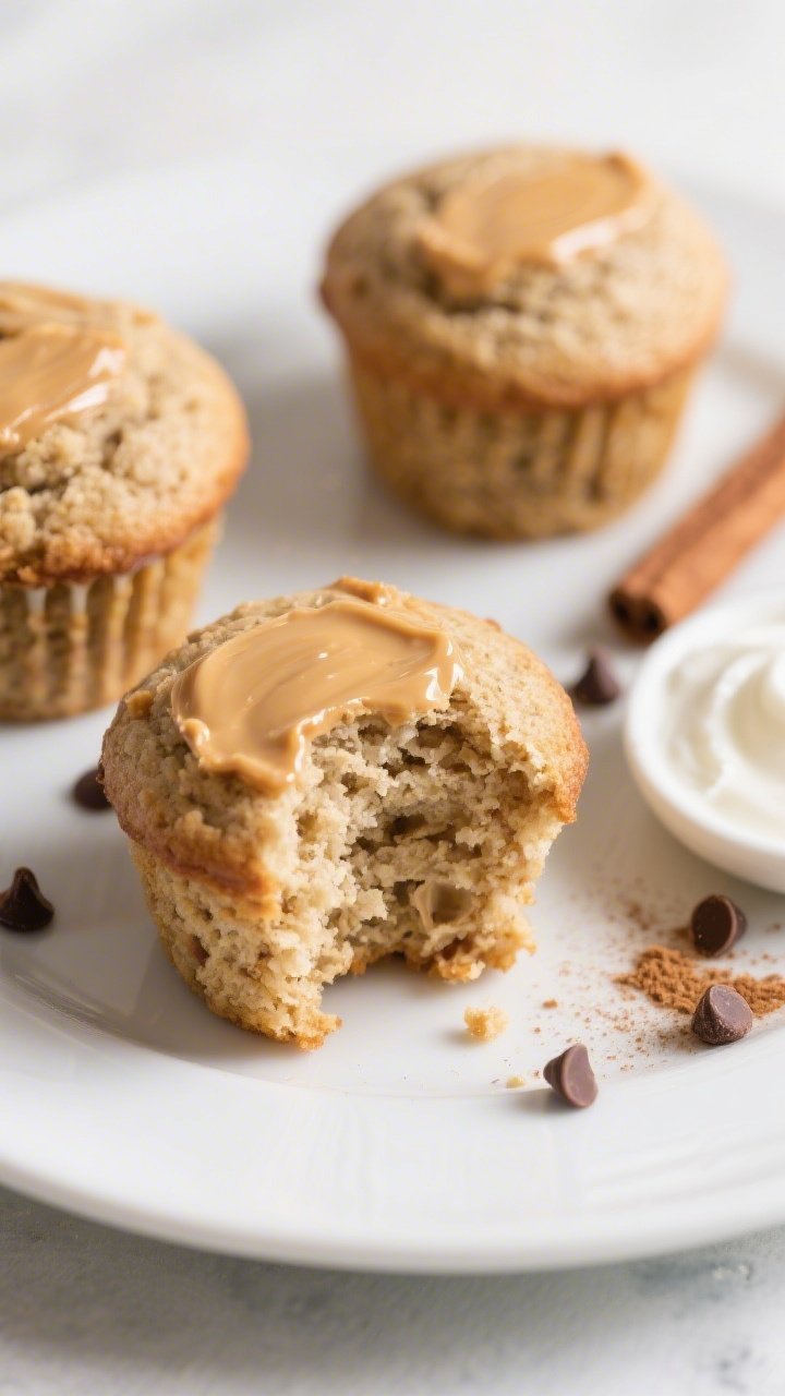 Close-up, three-quarter angle hero shot of two low carb protein muffins on a white ceramic plate, so