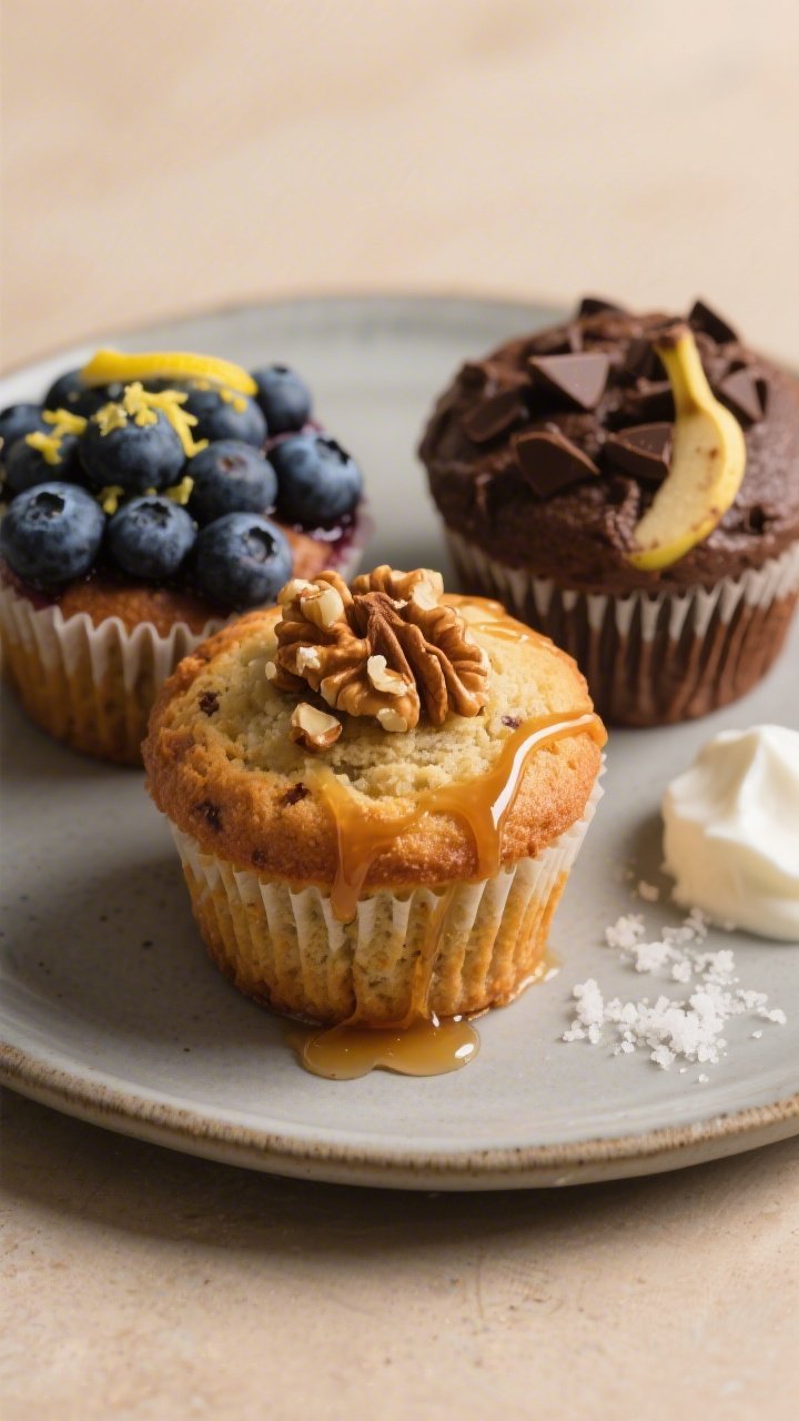 Close-up three-quarter angle of a beautifully plated muffin trio on a matte ceramic plate: Blueberry