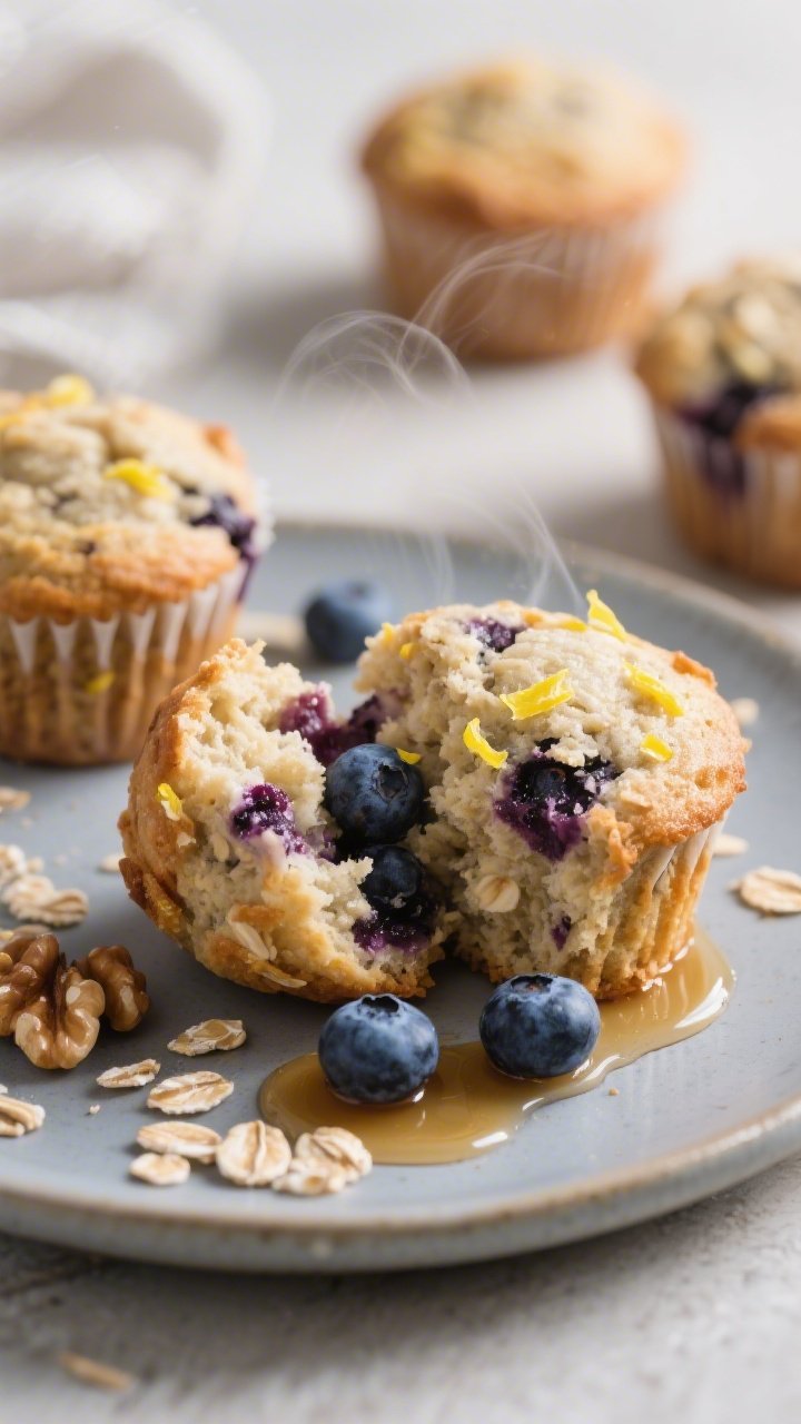Close-up, three-quarter angle of a Blueberry Lemon variation muffin being broken open on a matte cer