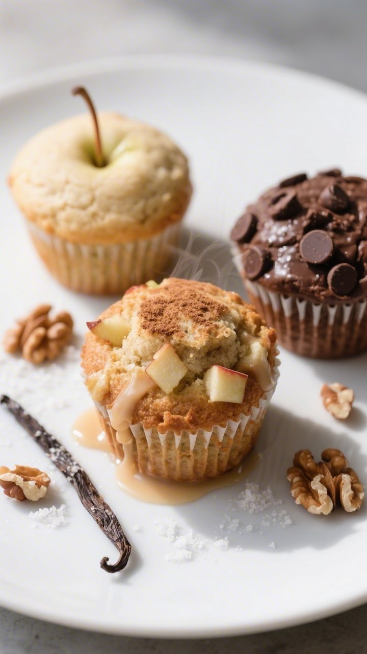Close-up, three-quarter angle of a final plated muffin trio on a matte white plate: one plain, one A