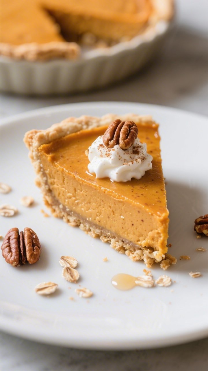 Close-up, three-quarter angle of a neatly sliced wedge of high-protein pumpkin pie on a matte white 