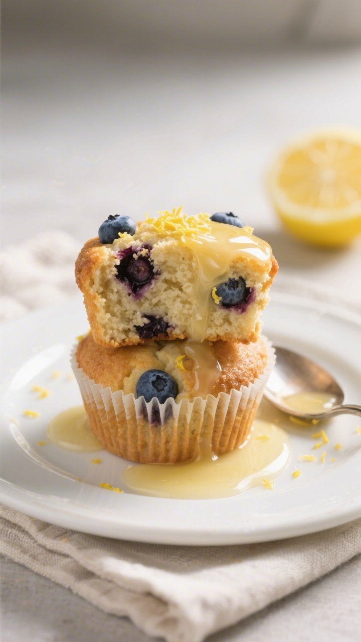 Close-up, three-quarter angle of a plated blueberry lemon protein muffin sliced in half and stacked,
