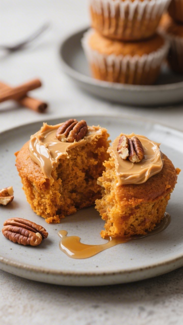 Close-up three-quarter angle of a plated final serving: a warm pumpkin protein muffin halved and sme