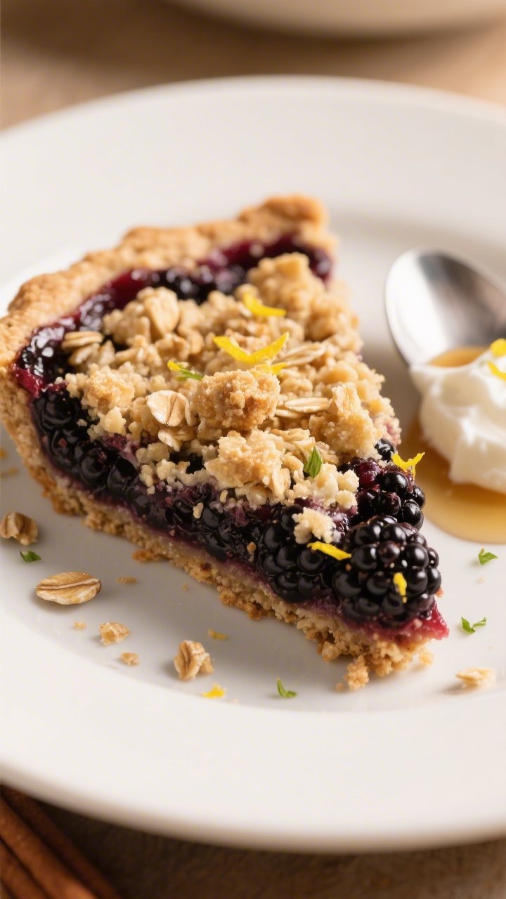 Close-up, three-quarter angle of a plated slice of Healthy Blackberry Crumble Pie: sturdy whole-grai