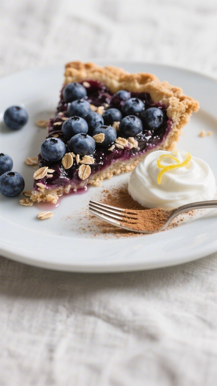 Close-up, three-quarter angle of a plated slice of healthy blueberry pie on a matte white plate, ope