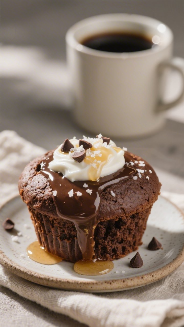 Close-up, three-quarter angle of a single chocolate protein muffin on a small ceramic plate, sliced 