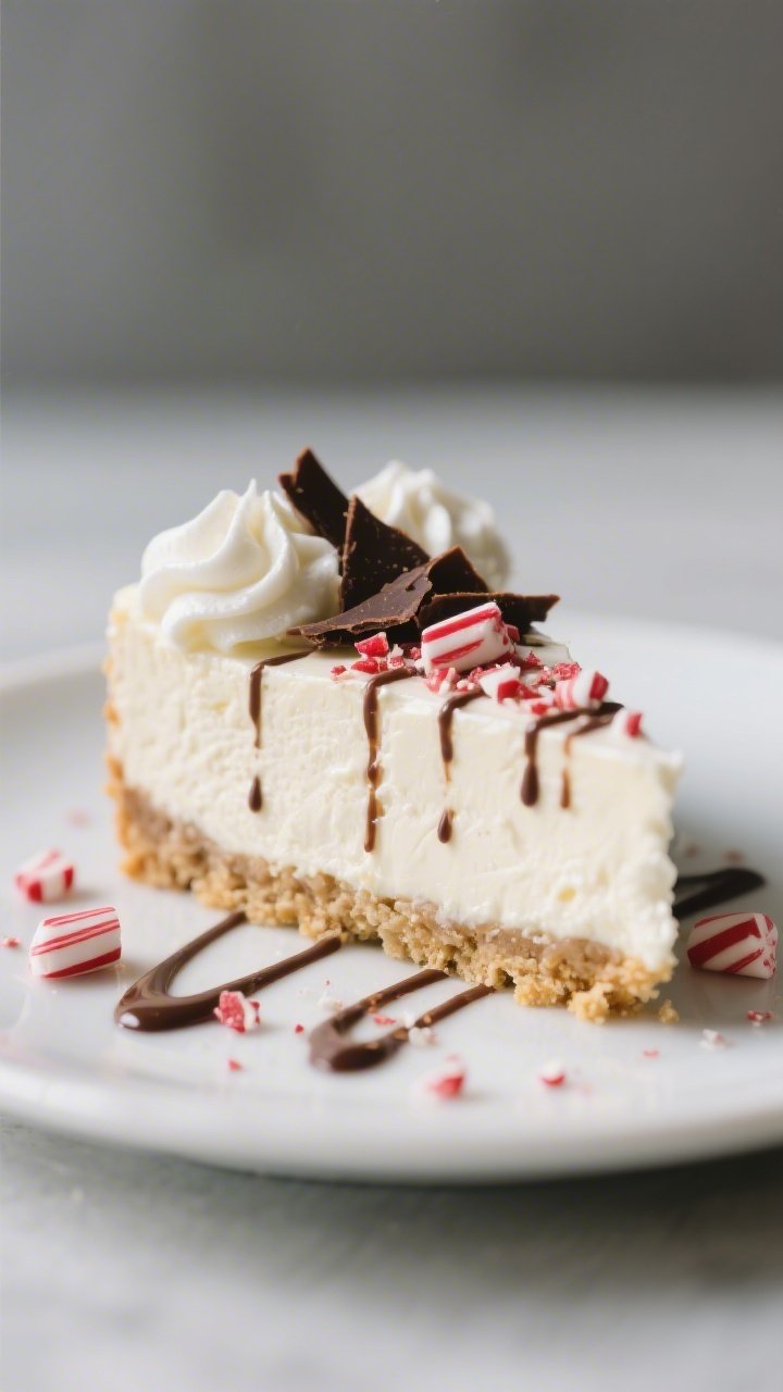 Close-up, three-quarter angle of a single plated slice of Keto Peppermint Cheesecake on a matte whit