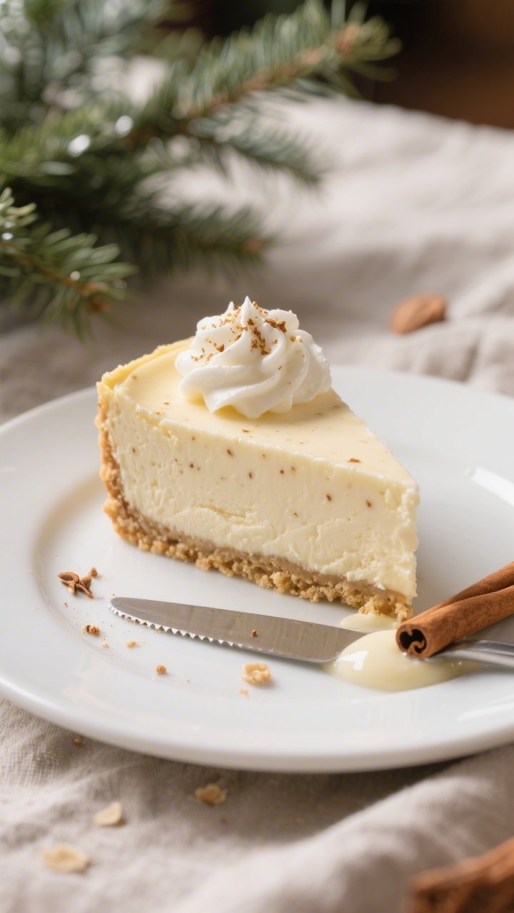 Close-up, three-quarter angle of a single slice of Keto Eggnog Cheesecake plated on a matte white de