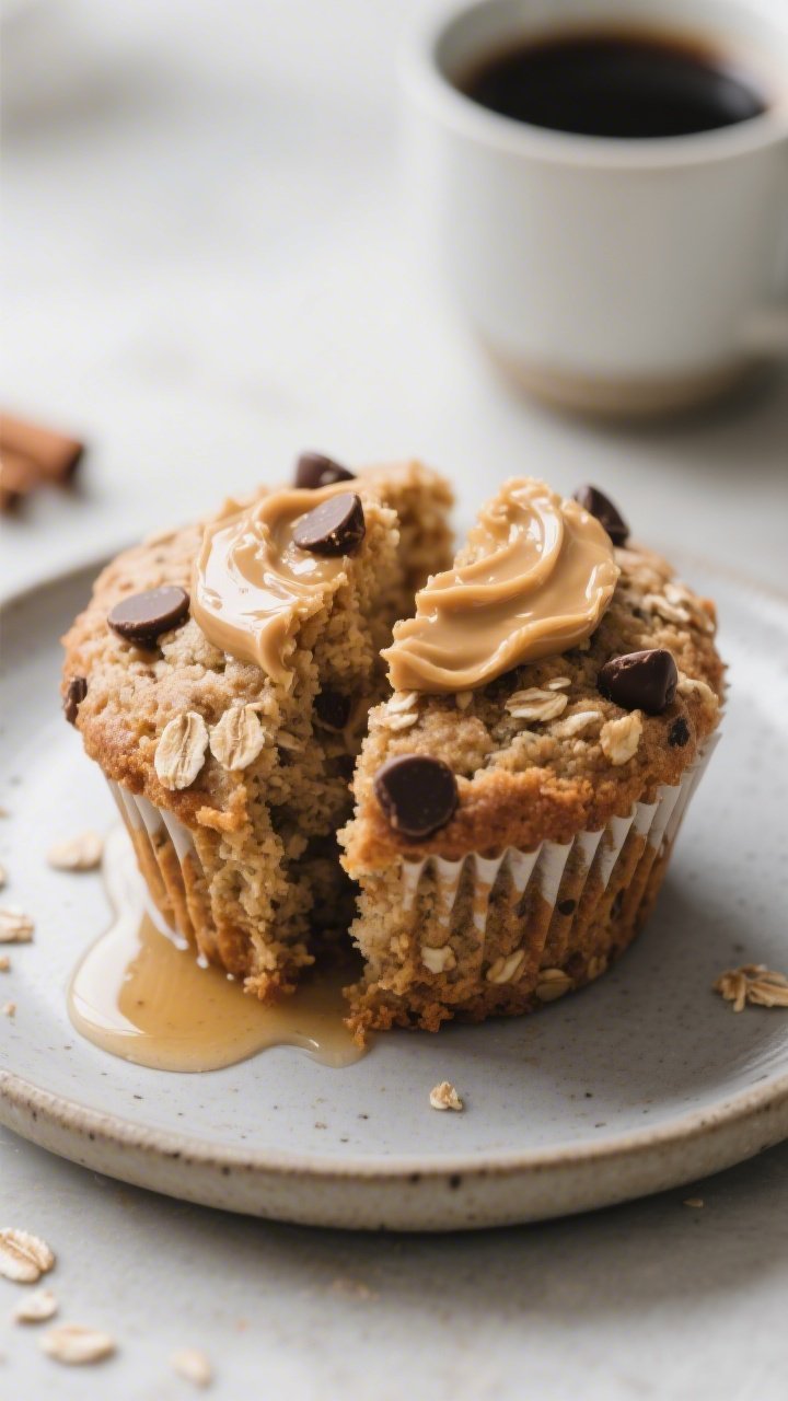 Close-up, three-quarter angle of a split banana protein muffin on a matte ceramic plate, crumb visib