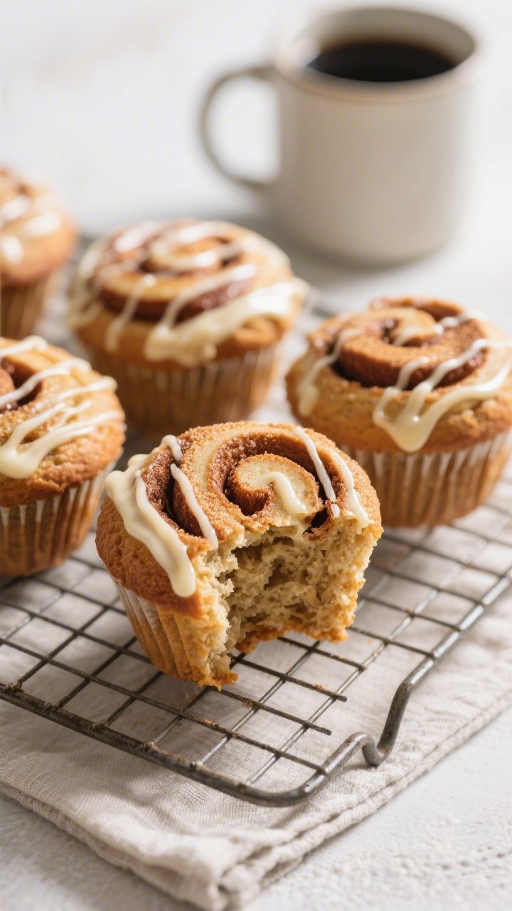 Close-up, three-quarter angle of finished cinnamon roll protein muffins on a wire rack, cooled and d