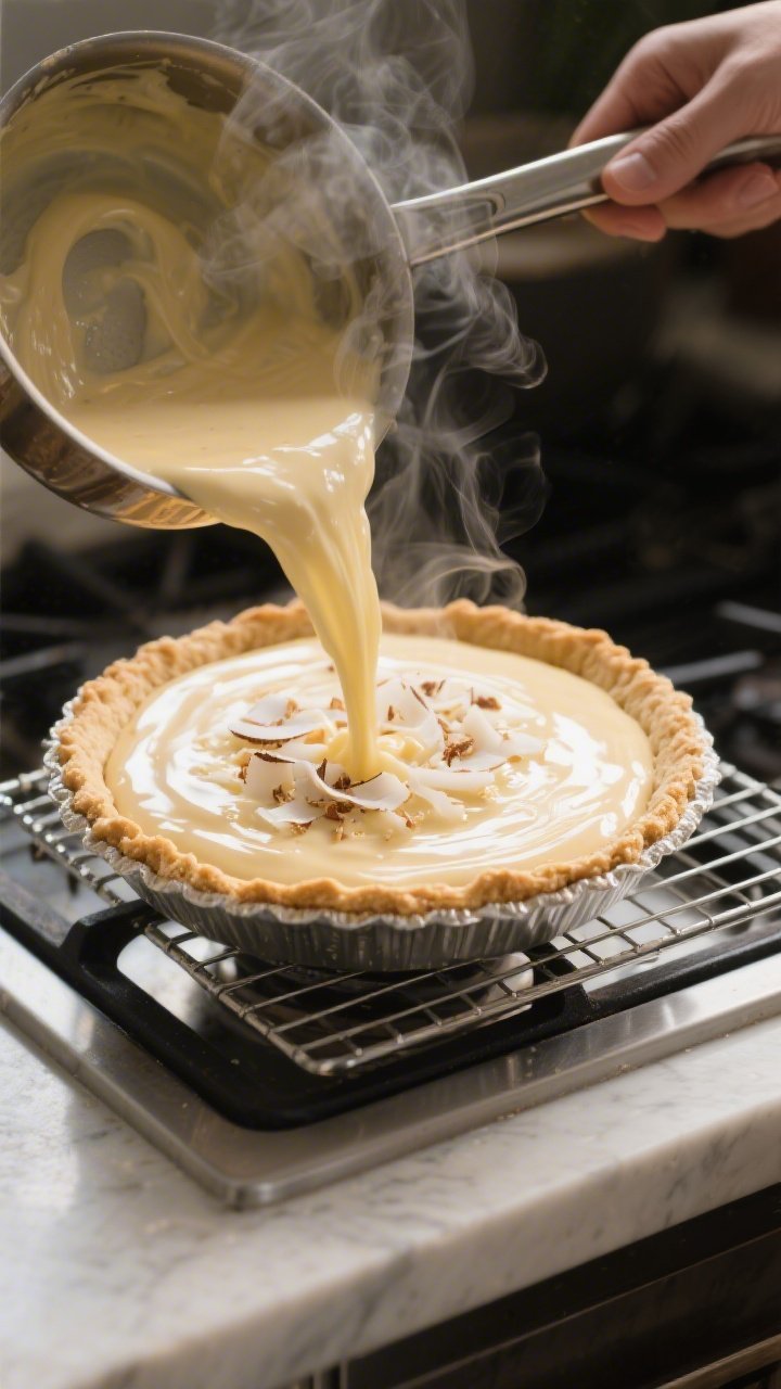 Close-up, three-quarter angle process shot of the hot coconut custard being poured into the blind-ba