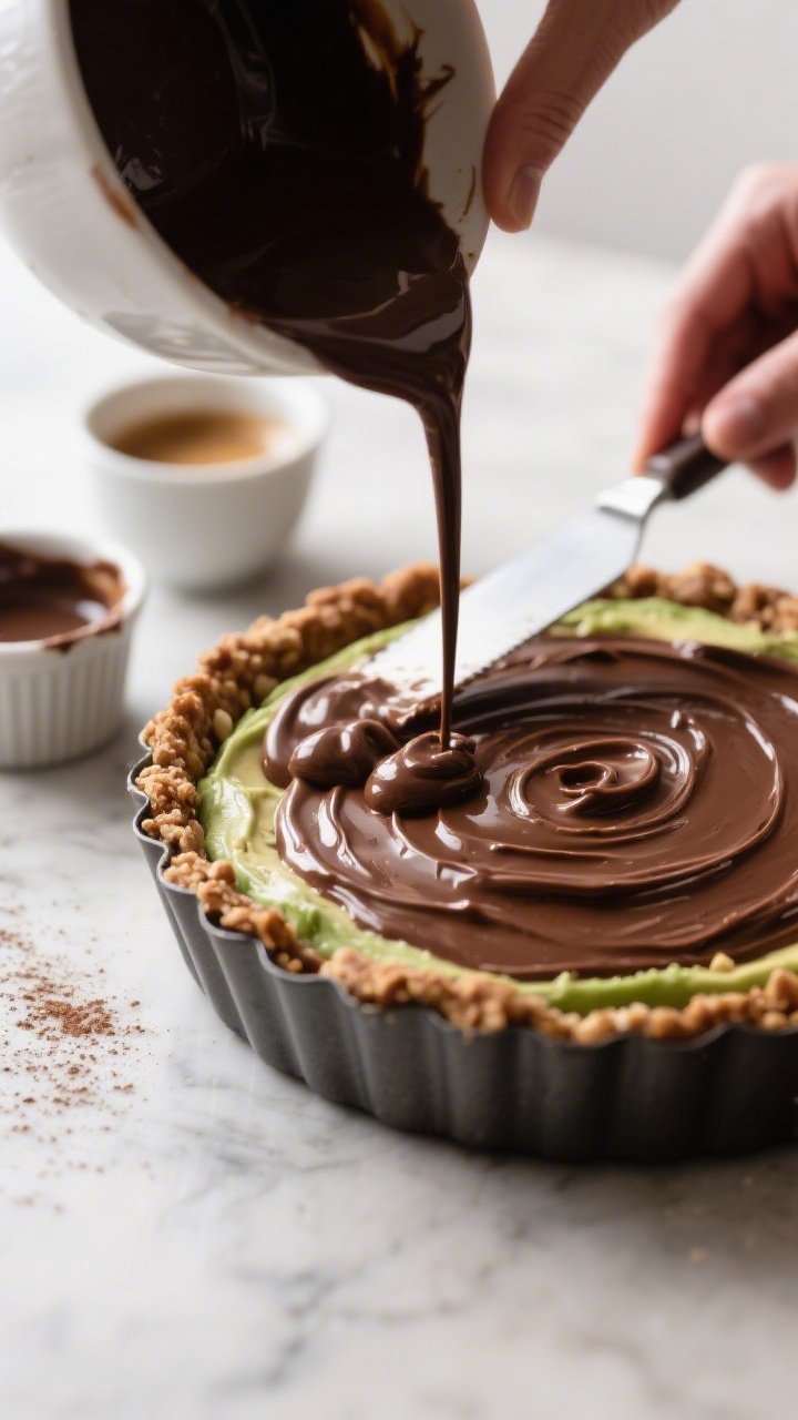 Close-up, three-quarter angle process shot of the pie being filled: thick, glossy chocolate-avocado-