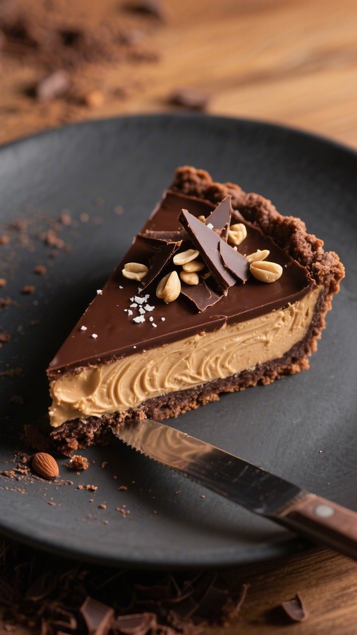 Close-up, three-quarter angle slice of the final chilled pie on a matte charcoal dessert plate: neat