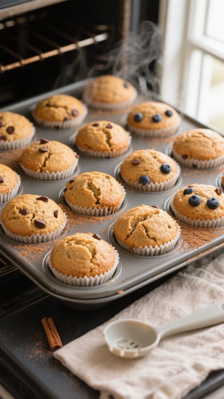 Cooking process — Almond Flour Protein Muffins: Close-up, three-quarter angle of a muffin tin on t