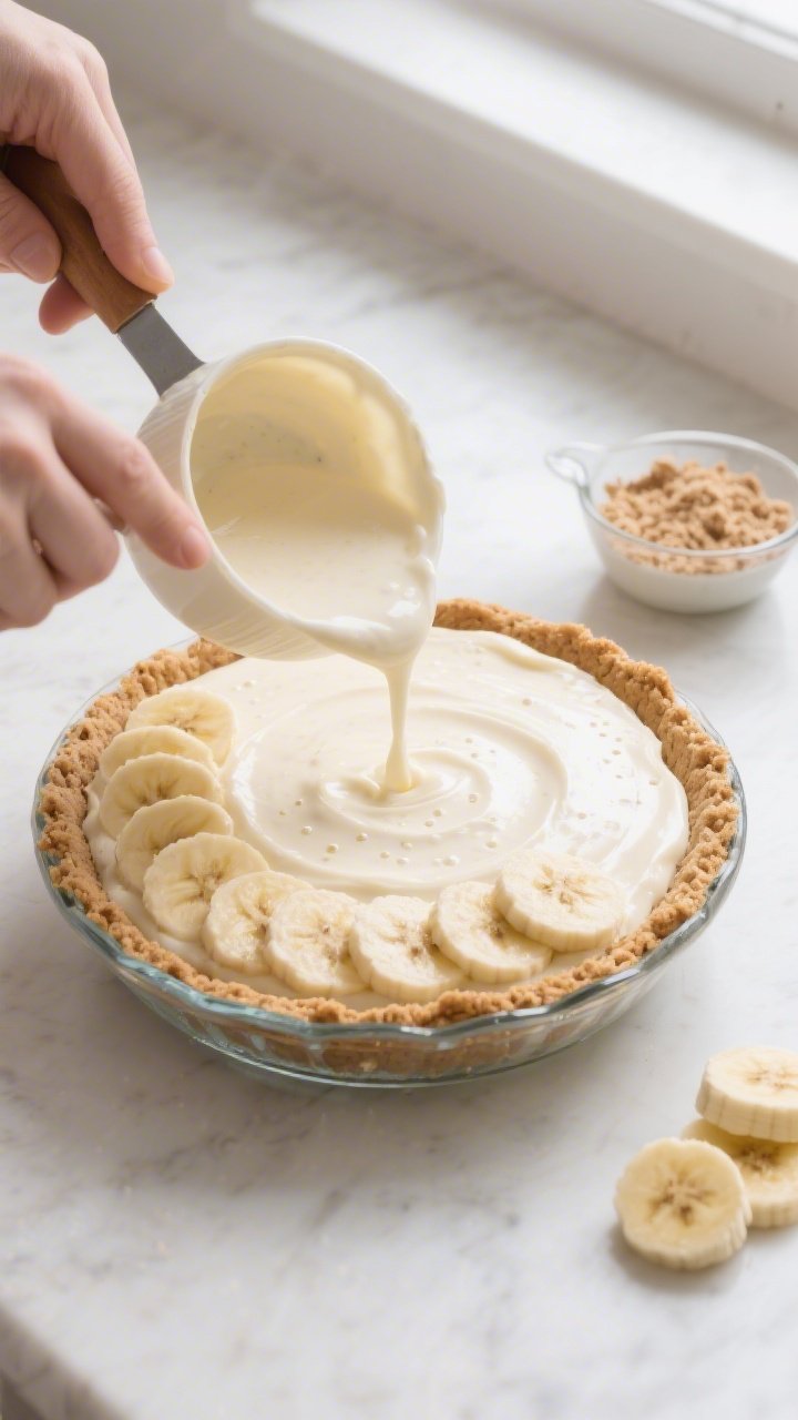 Cooking process — Assembling a Protein Banana Cream Pie: overhead shot of a chilled graham cracker