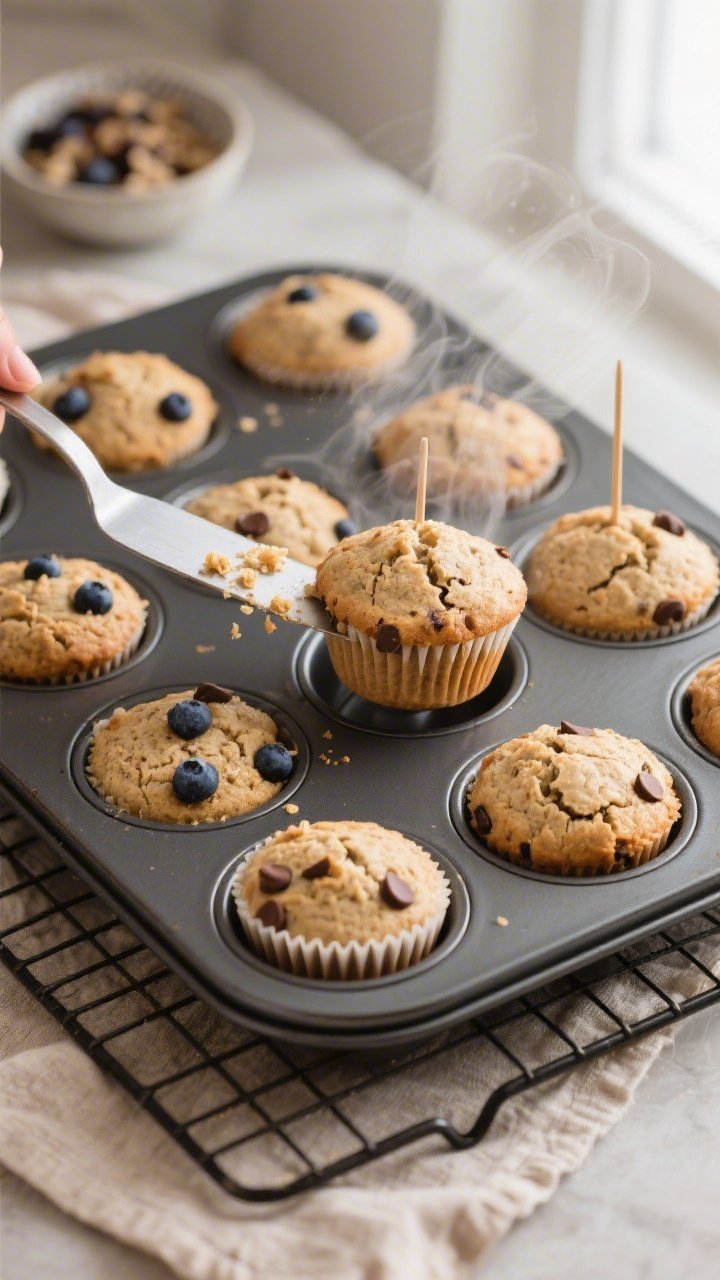 Cooking process close-up: A 12-cup muffin pan on a wire rack just out of the oven with oat flour pro
