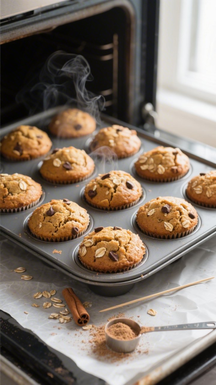 Cooking process close-up: A 12-cup muffin tin just pulled from the oven at 350°F, golden-brown bana