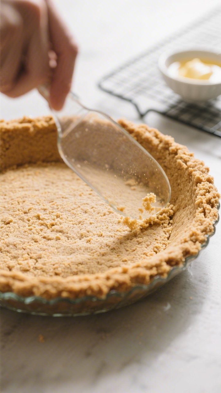 Cooking process close-up: A 9-inch pie dish with a freshly pressed low-fat graham cracker crust bein