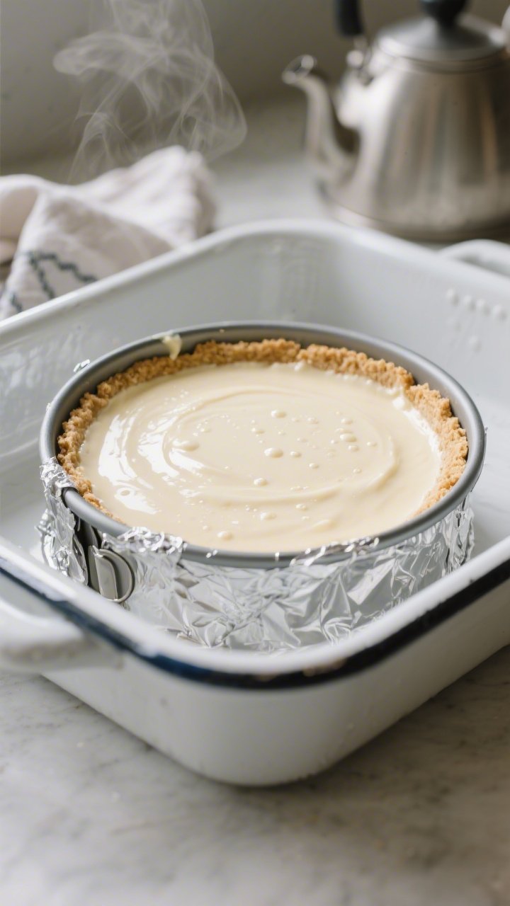 Cooking process, close-up detail: A foil-wrapped 9-inch springform pan set inside a white enamel roa