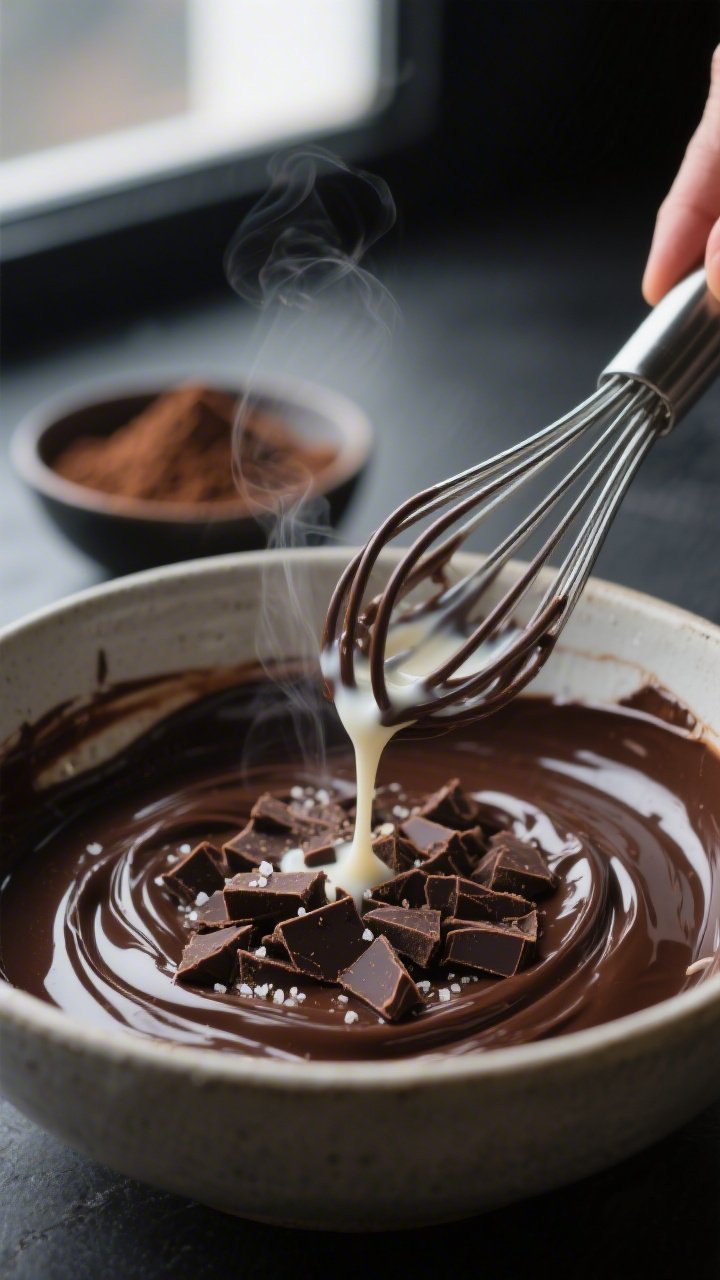 Cooking process, close-up detail: A tight, shallow-depth-of-field shot of glossy dark chocolate gana