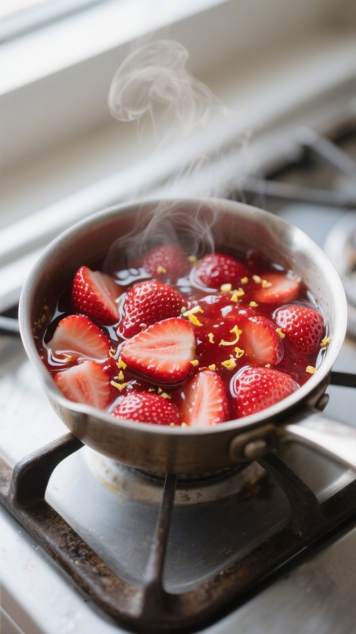 Cooking process, close-up detail: Keto strawberry topping simmering in a small saucepan, glossy ruby