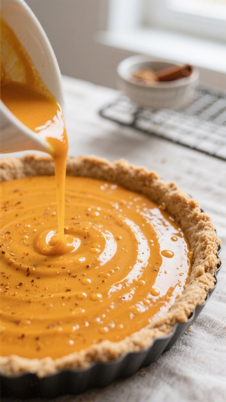 Cooking process, close-up detail: Warm pumpkin custard just poured into a par-baked 9-inch almond fl